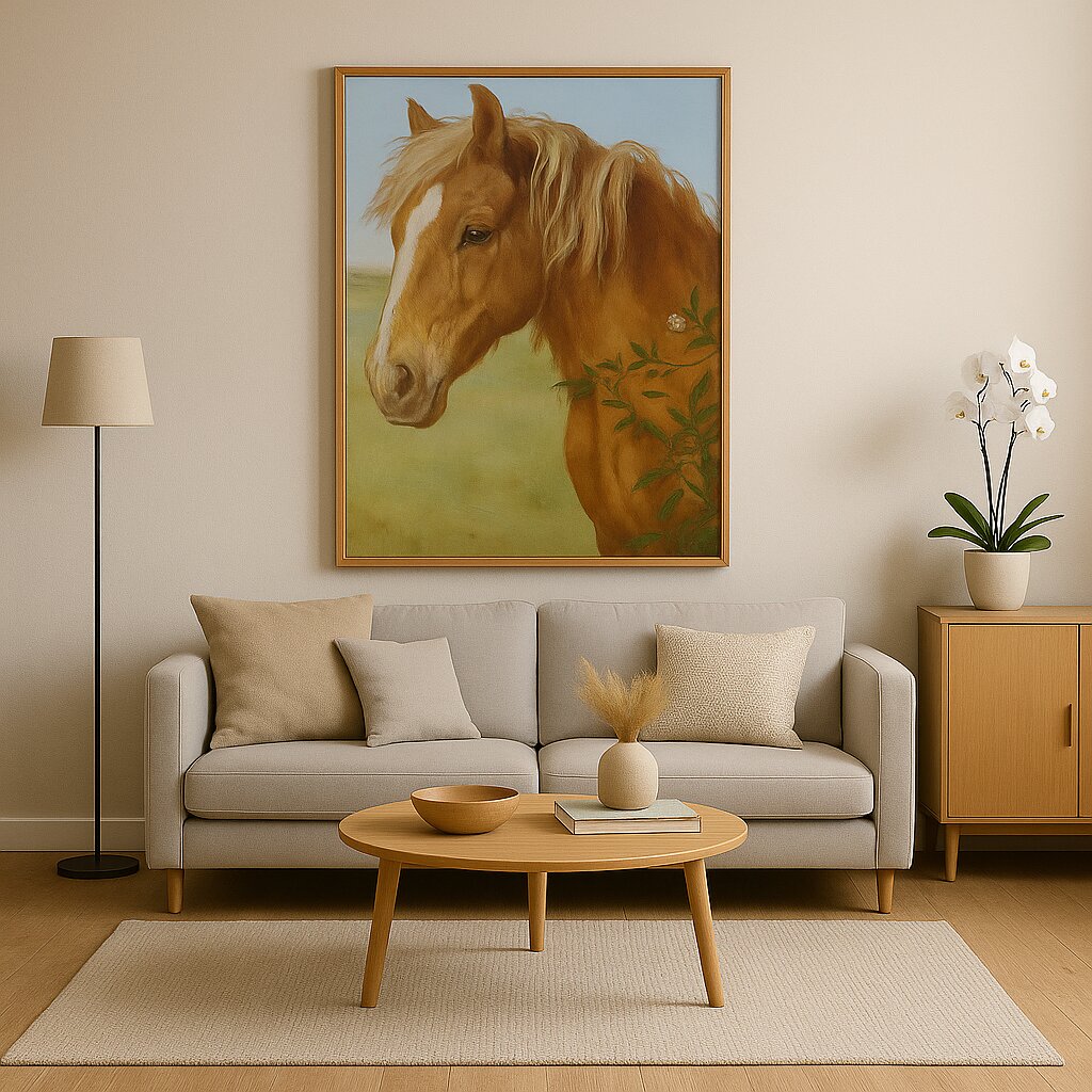 Framed oil painting of a chestnut horse in a sunlit field.