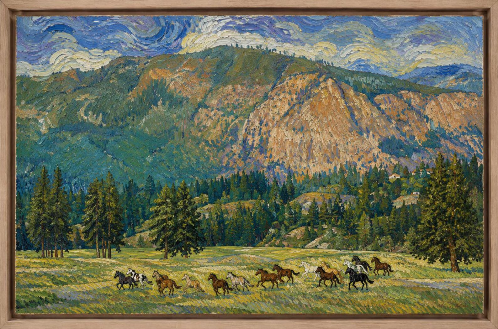 Hand-painted oil painting of a herd of wild horses running through a mountain valley.