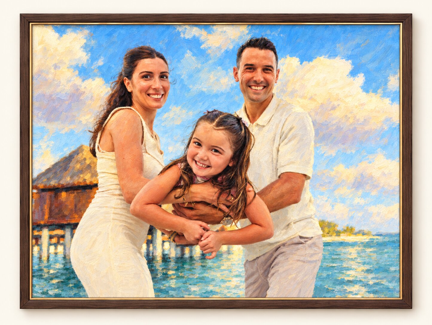 Hand-painted oil portrait of a family on a beach, in a gold mat frame.
