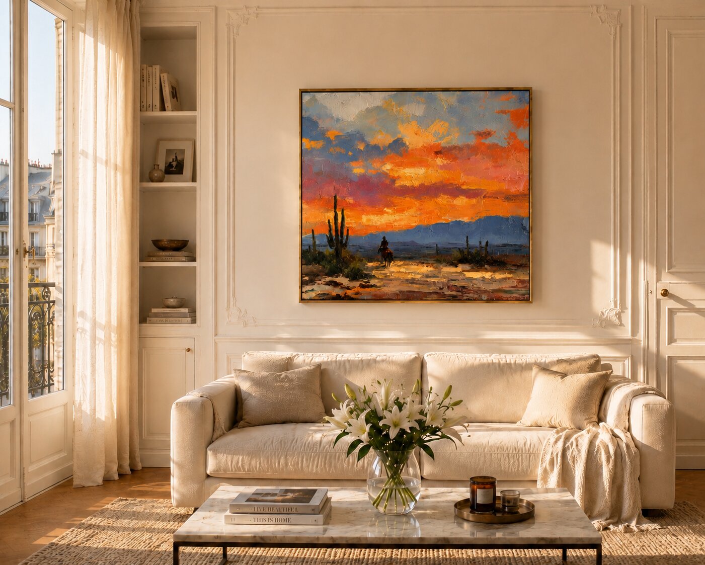 Hand-painted oil portrait of a cowboy riding into a desert sunset among saguaro cacti, framed in gold and hung in a sunlit, warmly decorated living room.