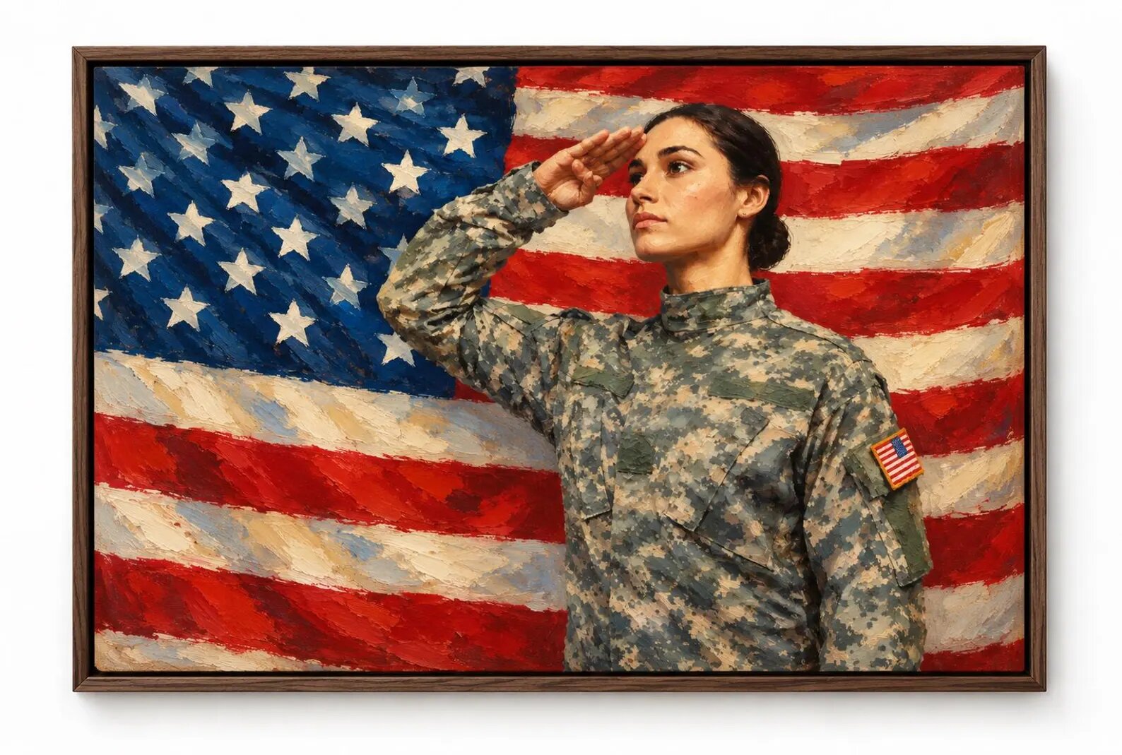 Framed oil painting of a soldier saluting in front of an American flag.