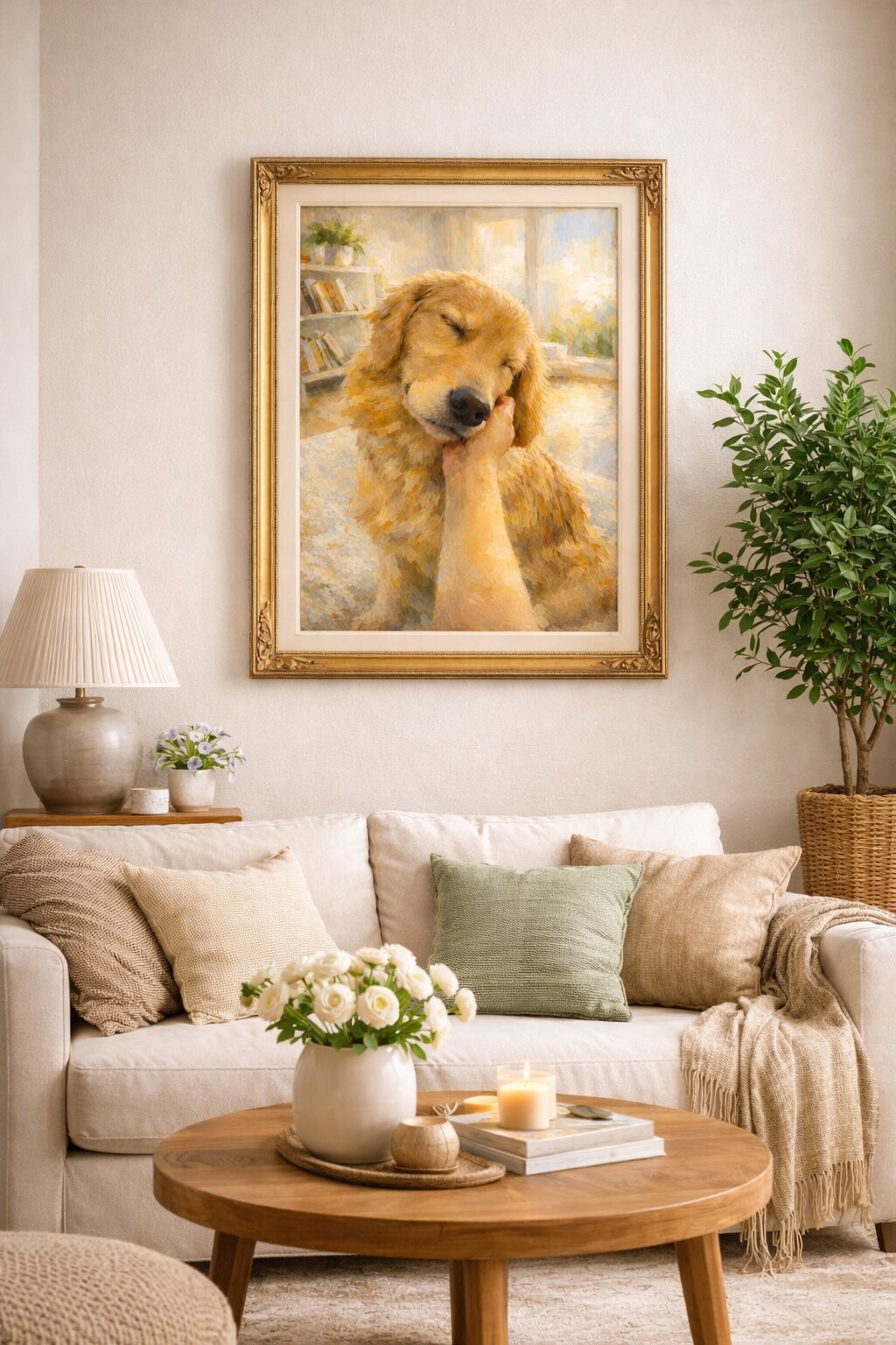 Framed oil painting of a golden retriever resting its head in someone's hands.
