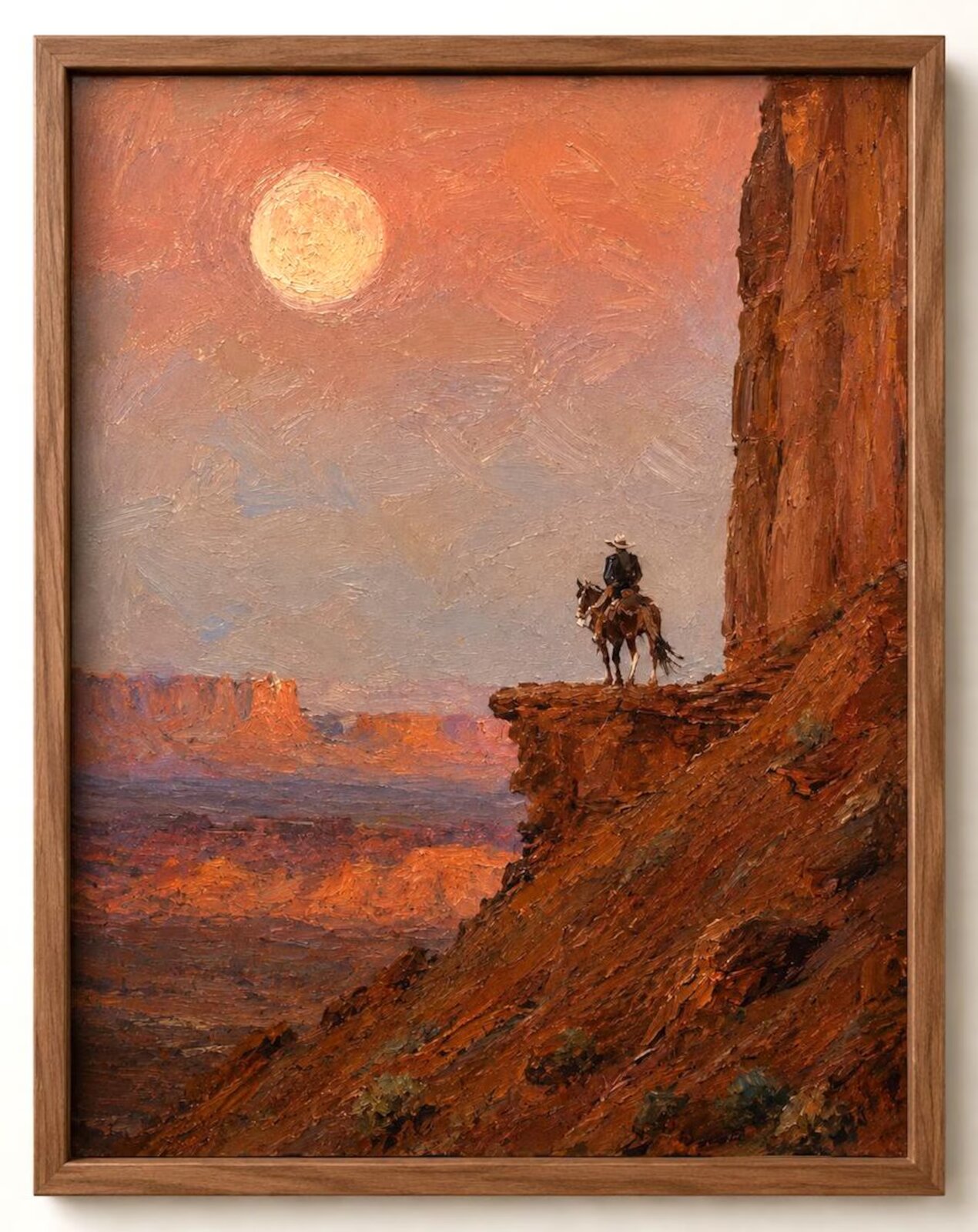 Framed original oil painting of a cowboy on horseback overlooking a red rock canyon under a rising moon.